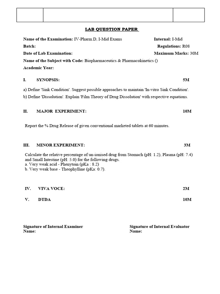 I Mid PHARM.D PF LAB Q.PAPER FORMAT & Proof Correction | PDF