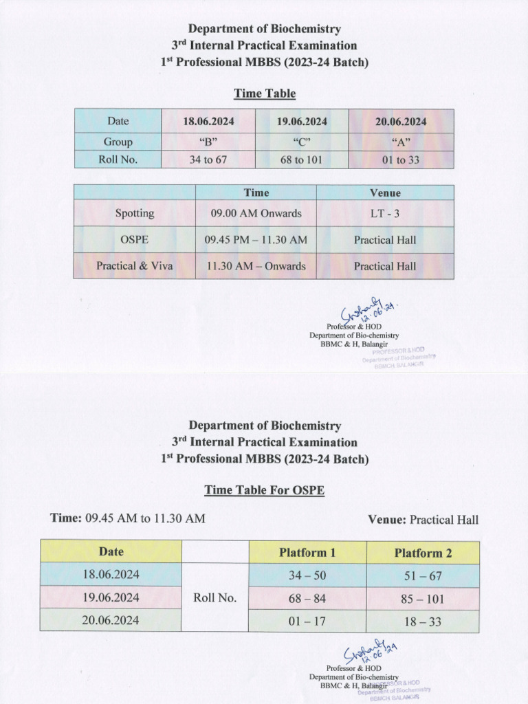 Practical Exam Time Table For 3rd Internal 2024 | PDF