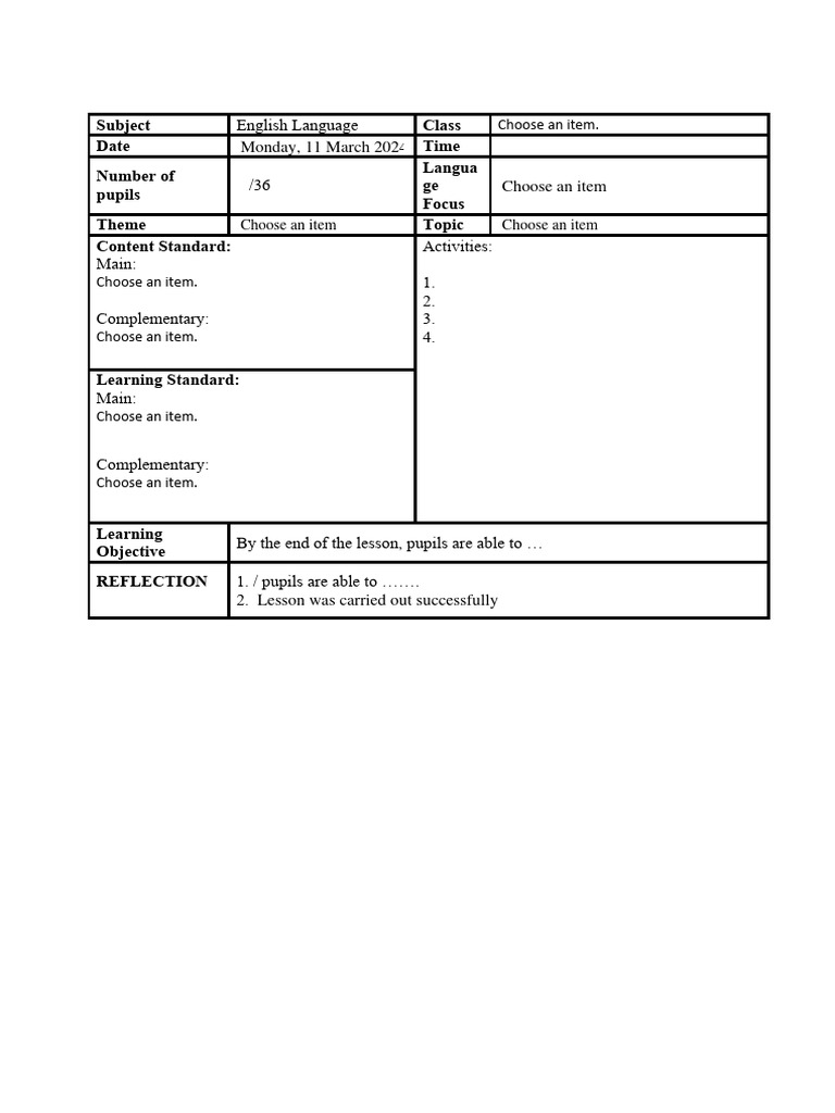 English Language Lesson Plan Template | PDF | Language Arts ...