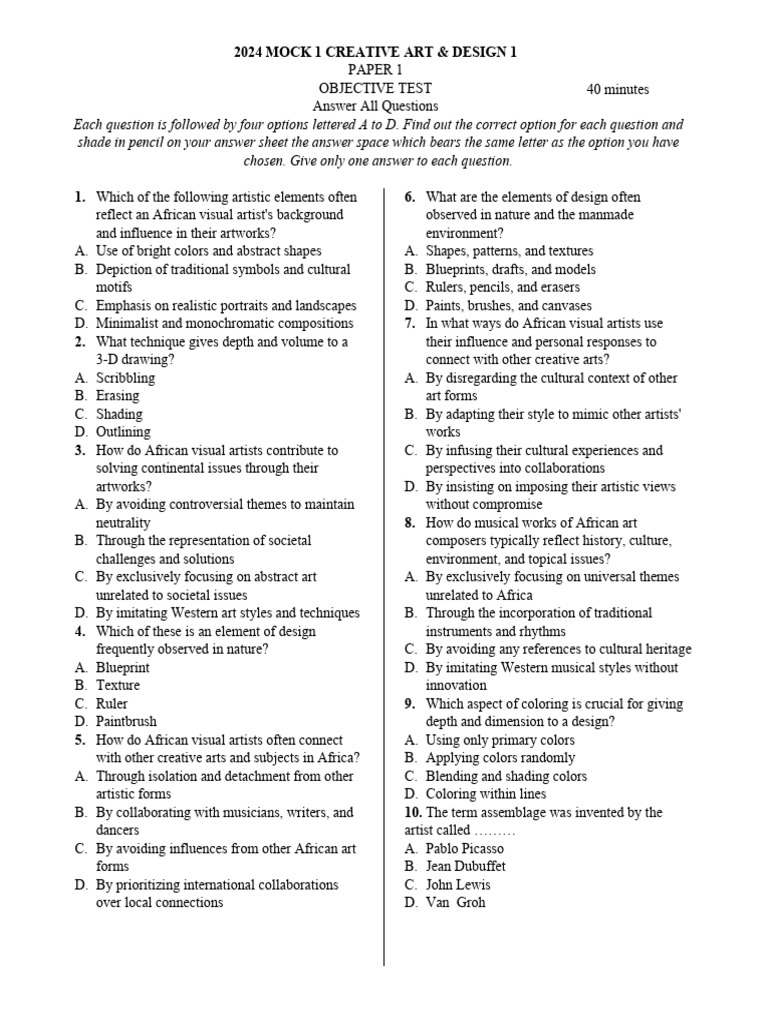 2024 BECE Creative Arts Mock Exam | PDF | Casting | Drawing