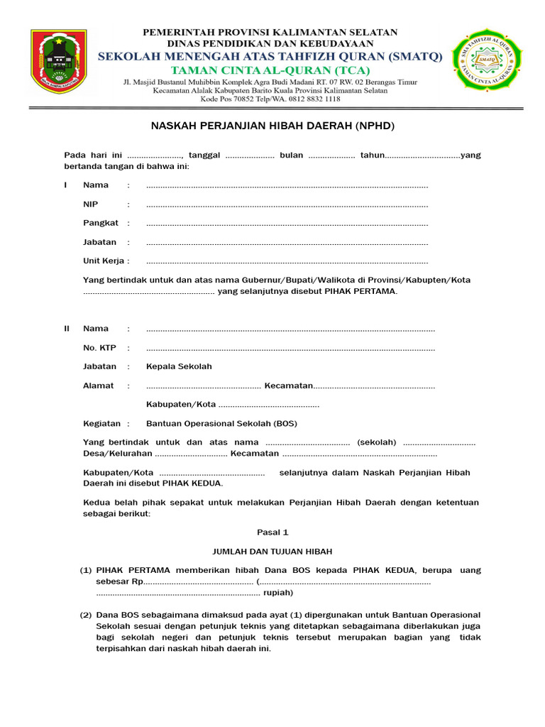 Contoh NPHD Hibah Dana BOS | PDF