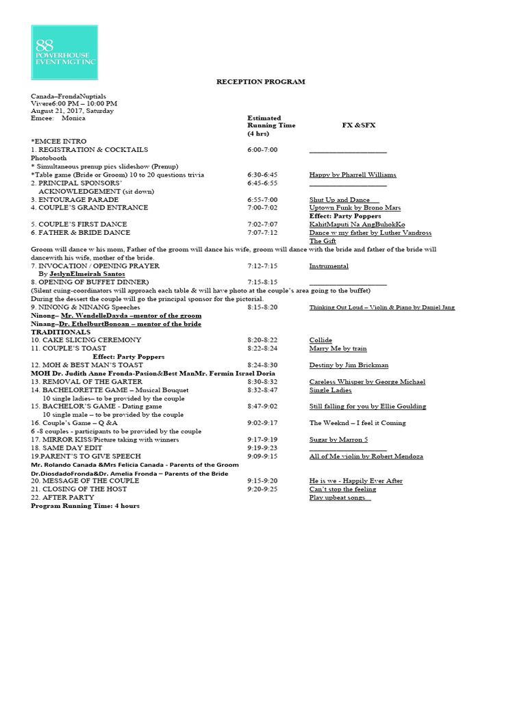 Reception Program For A Wedding | PDF | Wedding | Fashion Related Occasions