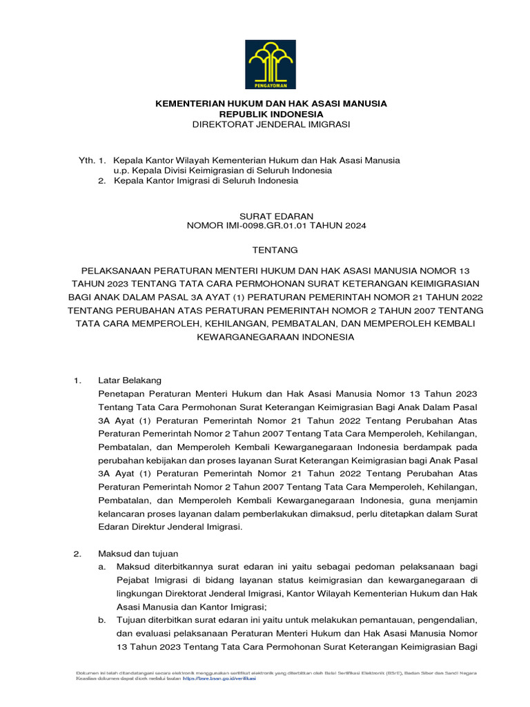 Surat Edaran Keimigrasian Anak 2024 | PDF