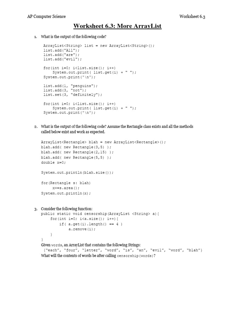 Worksheet 6.3 - More ArrayList | PDF | Computer Science | Software ...