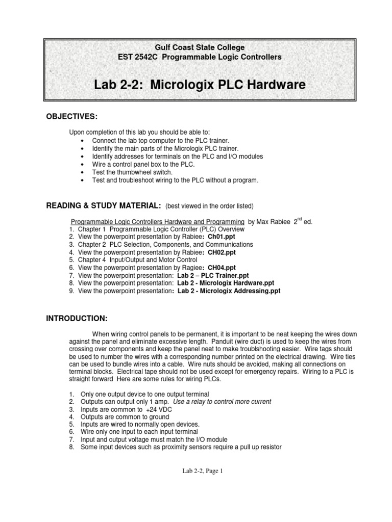 LAB 2-2 PLC Hardware & Wiring PLC | PDF | Programmable Logic Controller ...