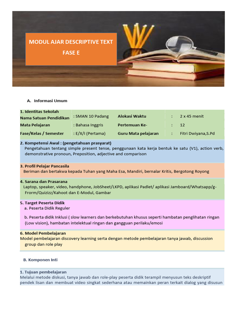 Modul Ajar Descriptive Text Fitri Dwiyana | PDF | Seni & Disiplin ...