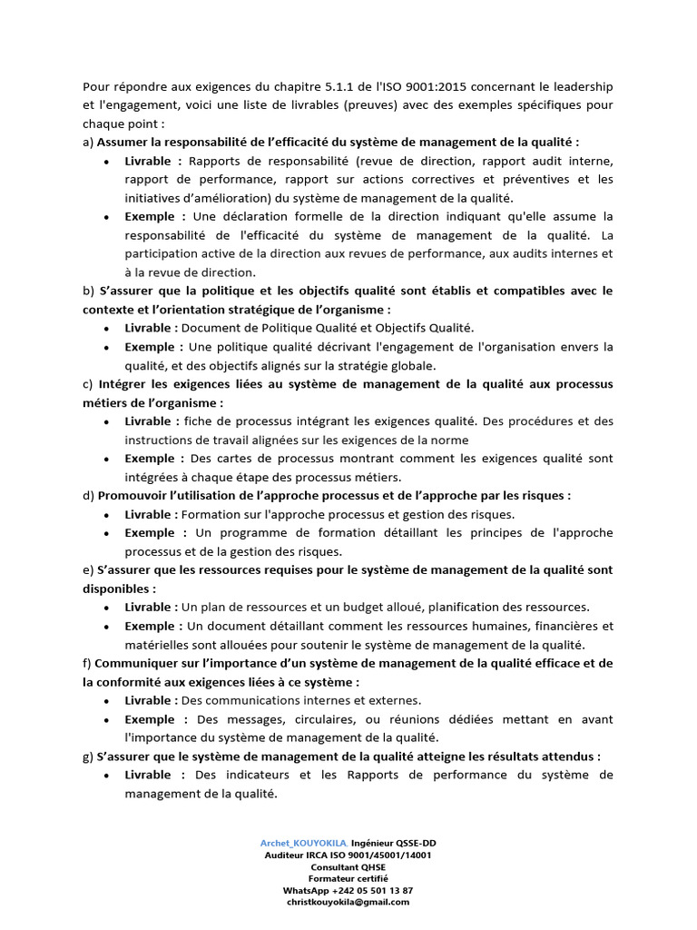 Exigences ISO 9001:2015 Chapitre 5.1 | PDF | Management de la qualité ...