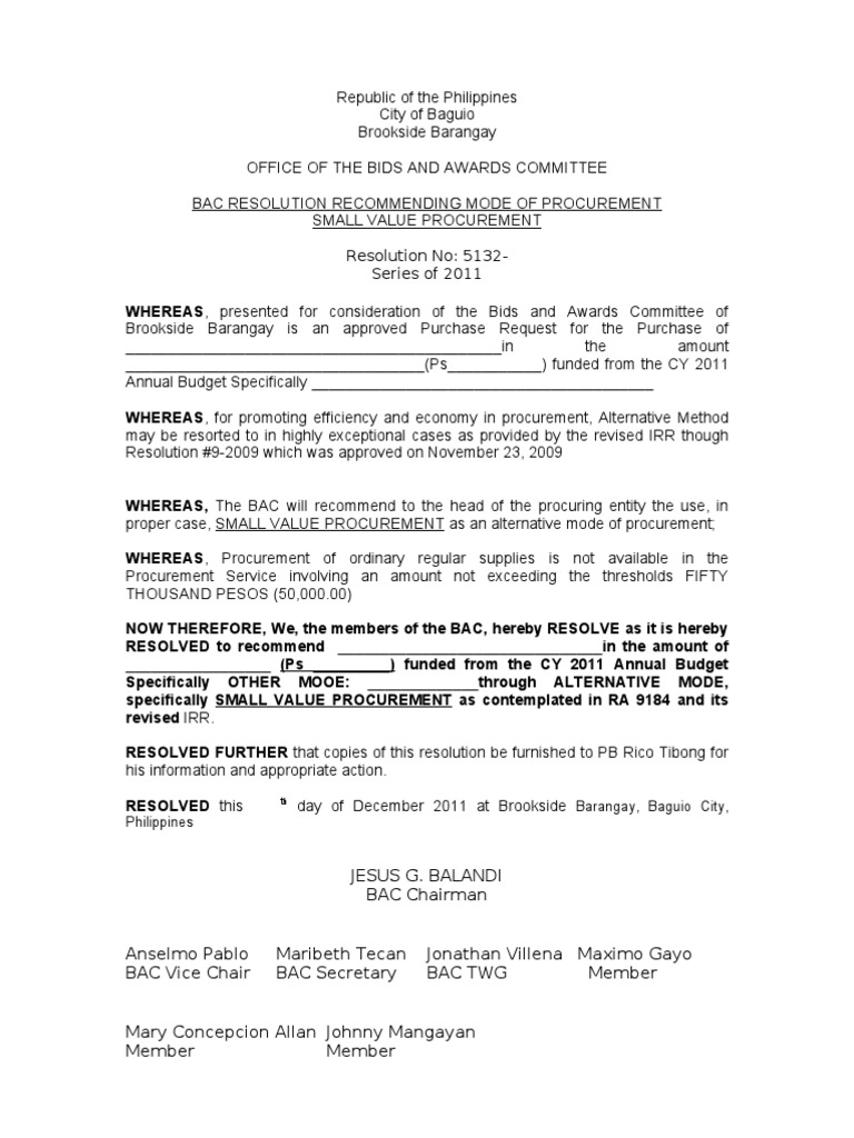 Brookside Barangay BAC Resolution on Small Value Procurement | PDF ...
