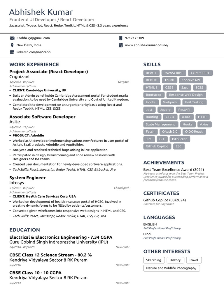 Abhishek Kumar: React Developer Profile | PDF | World Wide Web ...