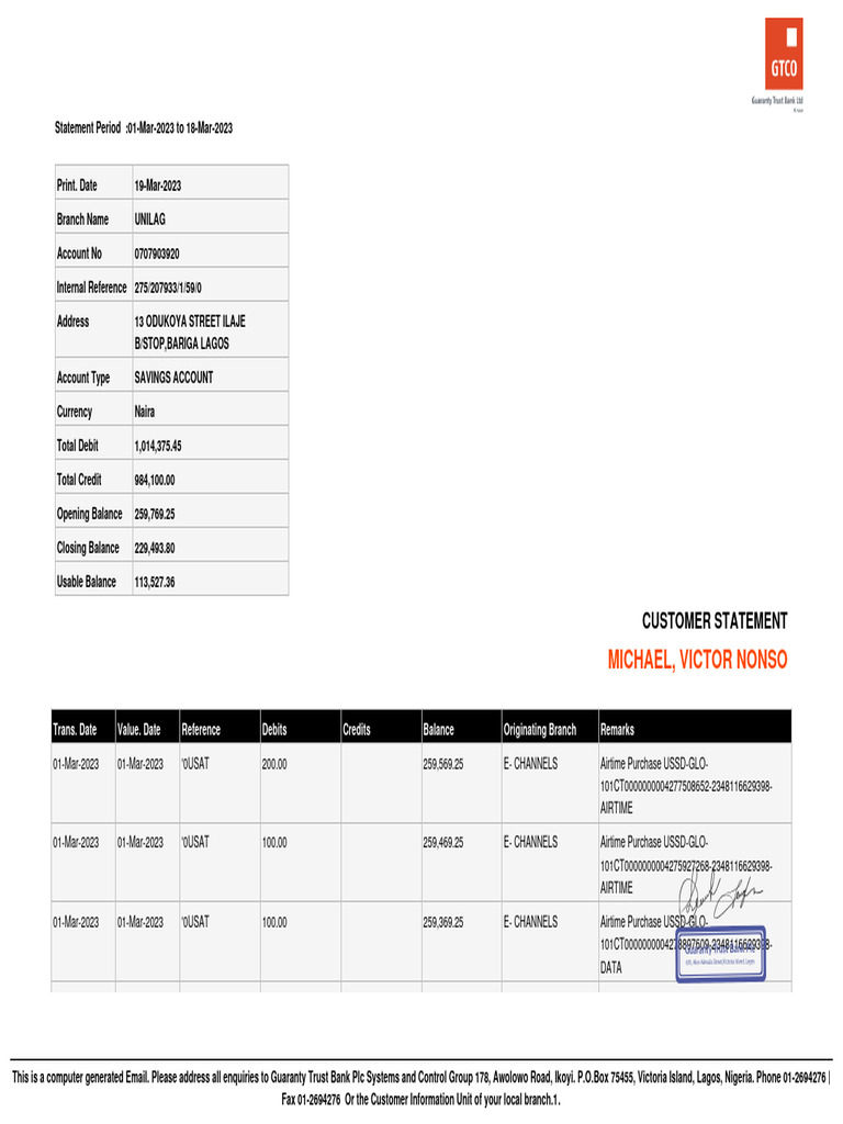 GTBank Account Statement: Mar 2023 | PDF | Value Added Tax | Payments