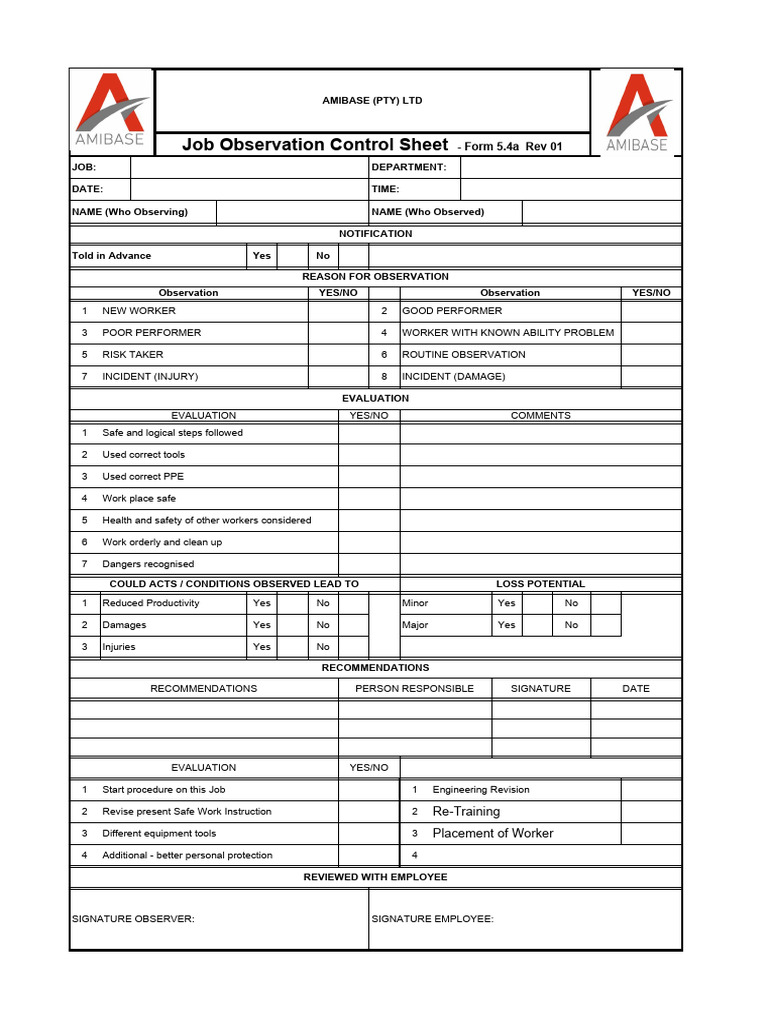 Form 5.4a - Job Observation Control Sheet | PDF | Personal Protective ...