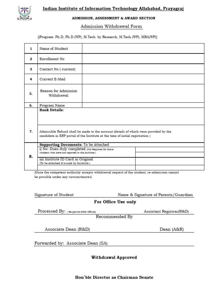 Admission Withdrawal Form Template | PDF