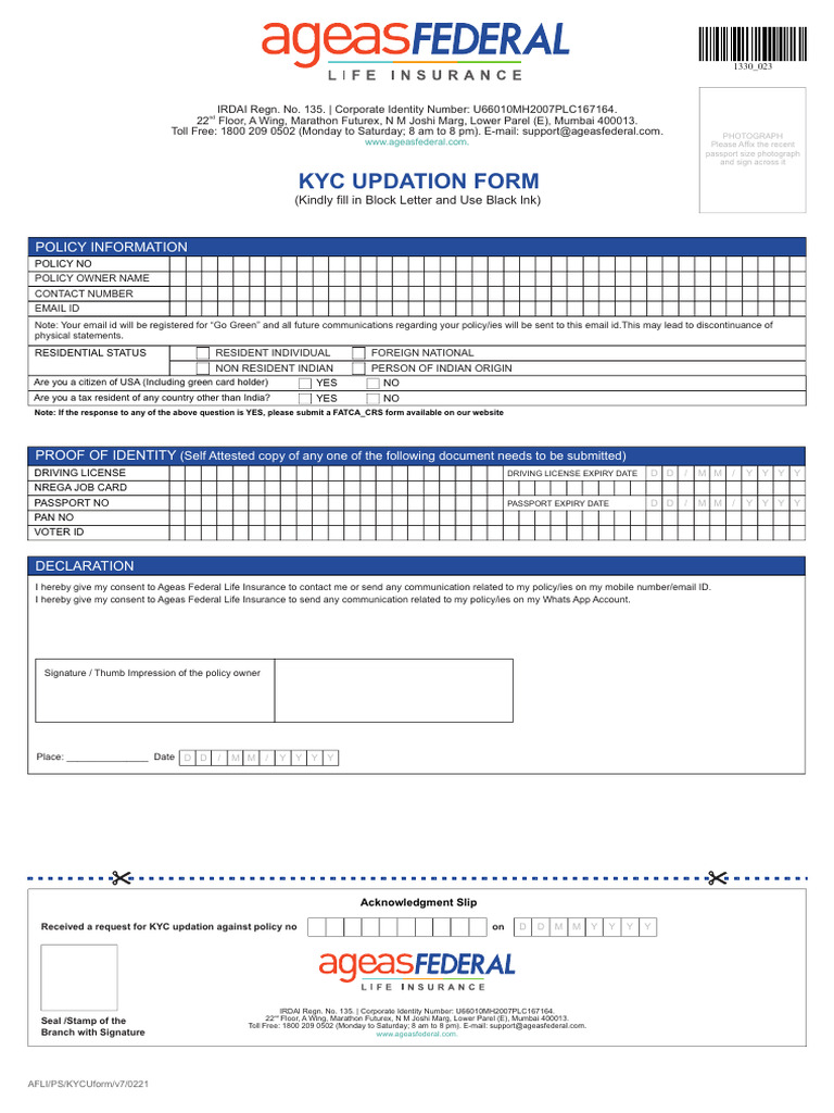 Application For KYC Updation PDF Identity Document Government And