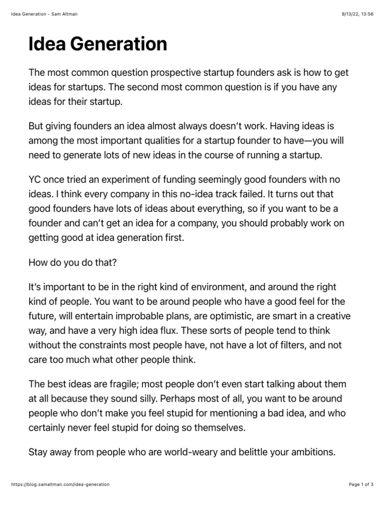 Idea Generation - Sam Altman | PDF | Startup Company | Small Business ...