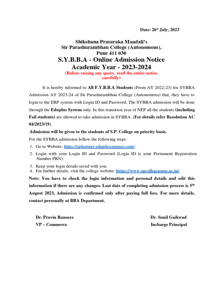 SYBBA Online Admission Notice 2023-24 | PDF
