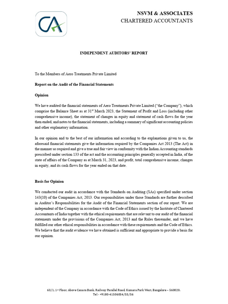 Aero Treatment Private Limited Audit Report Pdf Going Concern Audit