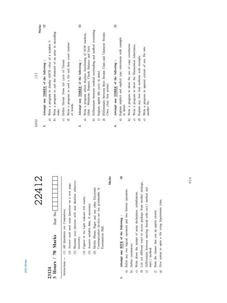 JAVA QUestion Paper | PDF