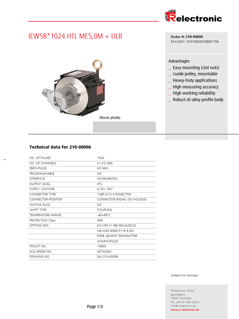 IEW-58 Pull Rope Encoder Data | PDF | Electrical Connector | Electronics