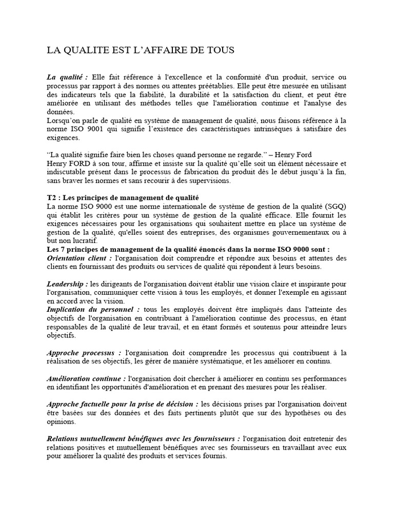 Principes et enjeux de la qualité ISO 9001 | PDF | Management de la ...