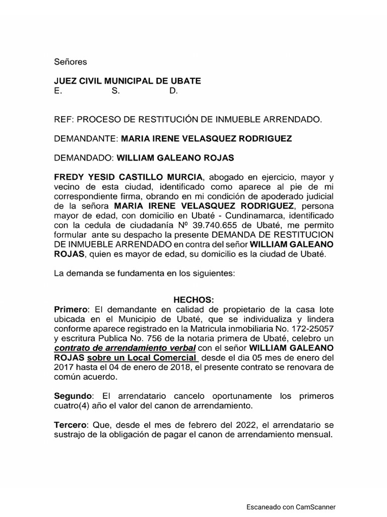 Demanda Restitución de Inmueble Arrendando y Anexos | PDF