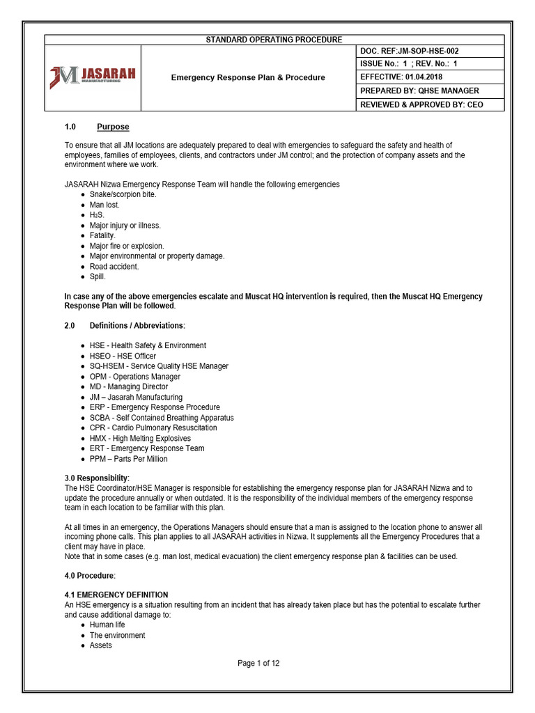 JM Emergency Response Plan | PDF | Emergency | First Aid