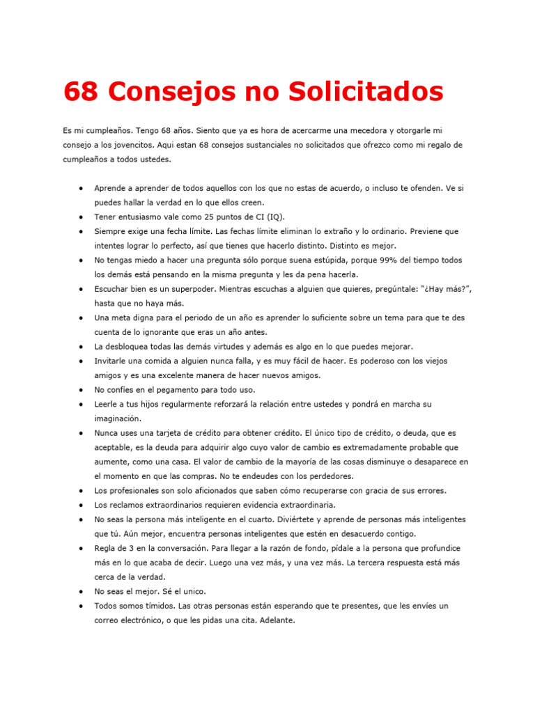 68 Consejos No Solicitados Kevin Kelly | PDF