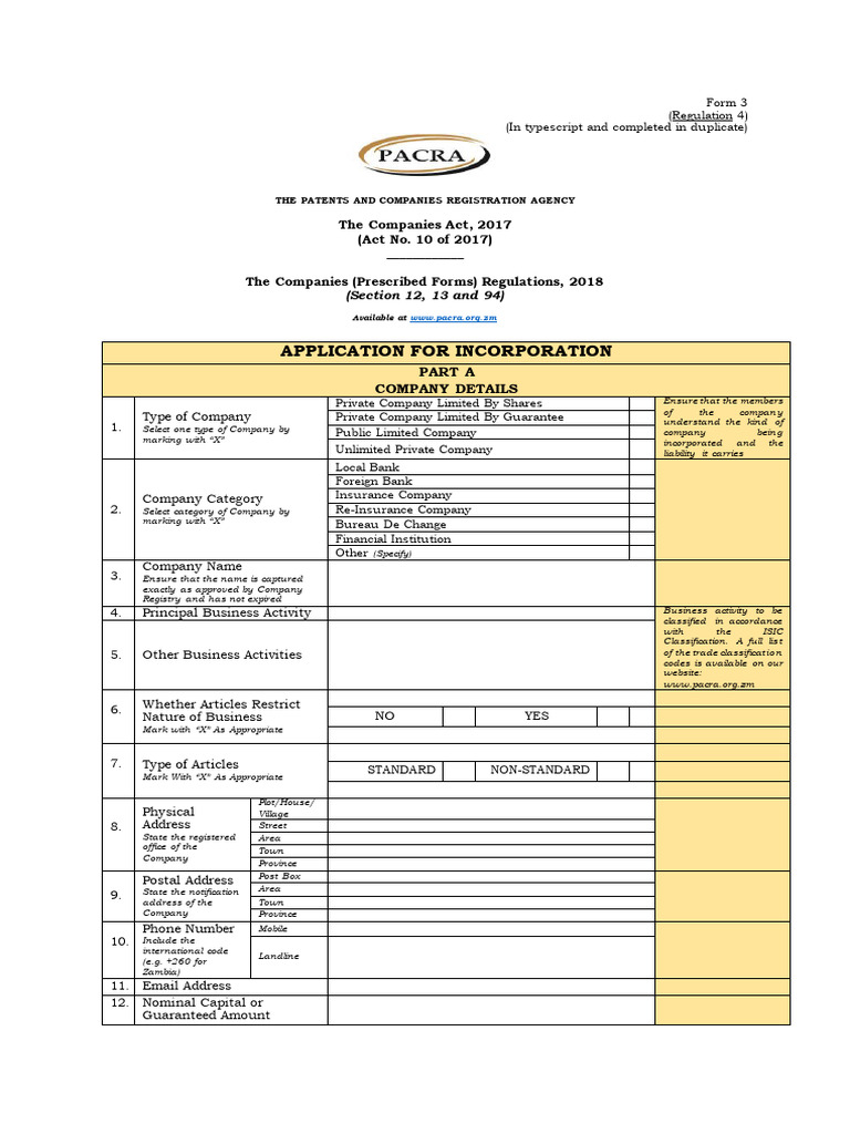 PACRA Form 3 Business Registration Guide | PDF | Companies | Privately ...