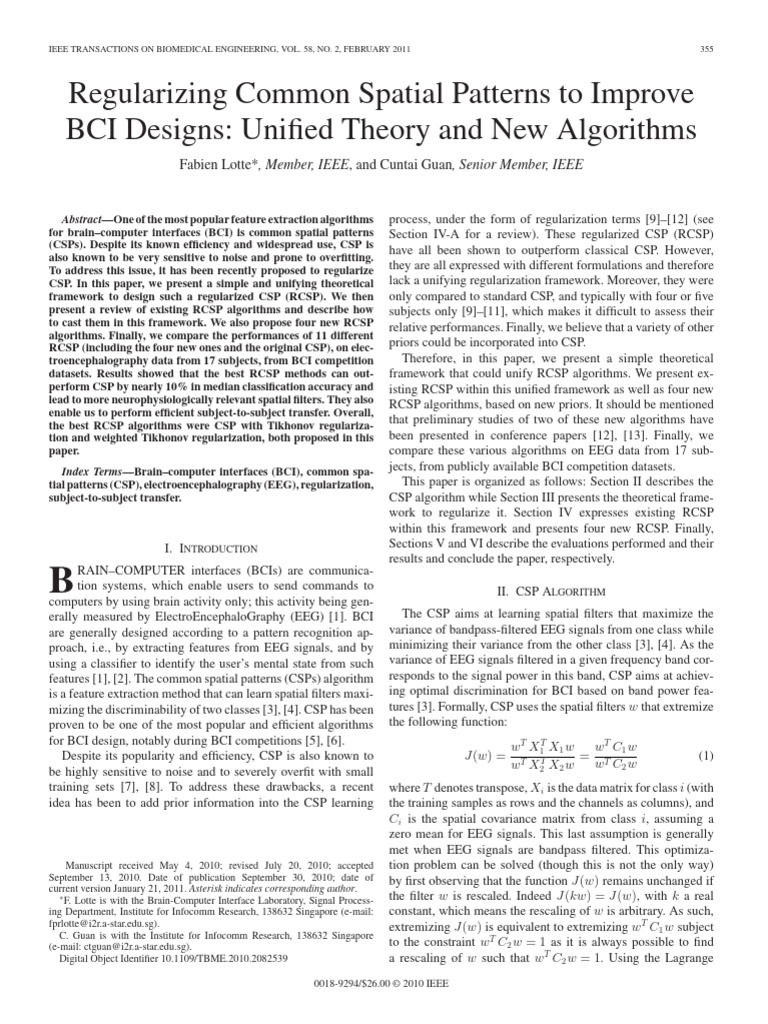 Regularizing Common Spatial Patterns To Improve BCI Designs: Unified ...