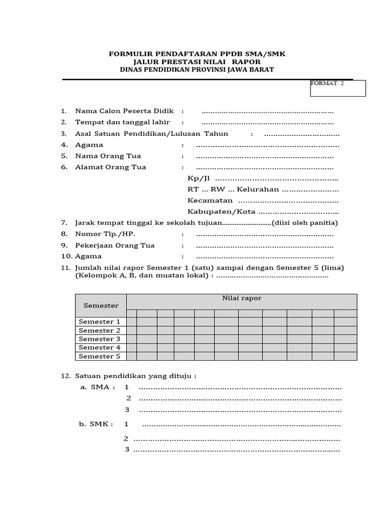 Formulir pendaftaran ppdb sma smk jalur prestasi nilai rapor pdf