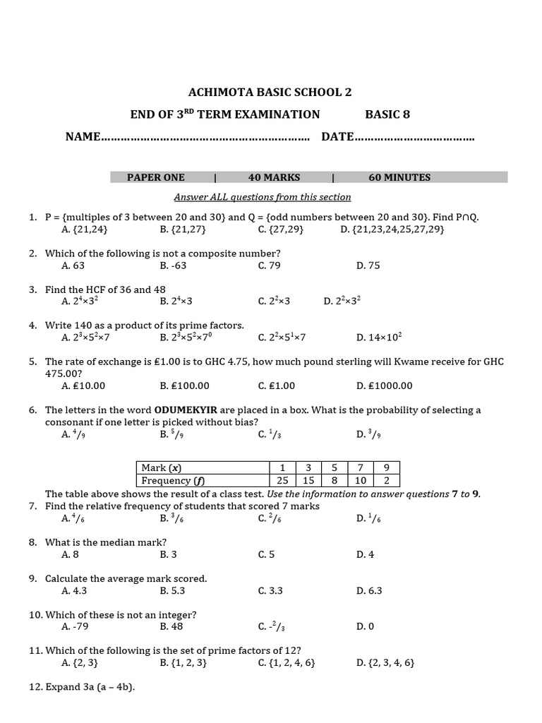 Basic 8 Mathematics Exam Questions | PDF | Odds | Inequality (Mathematics)