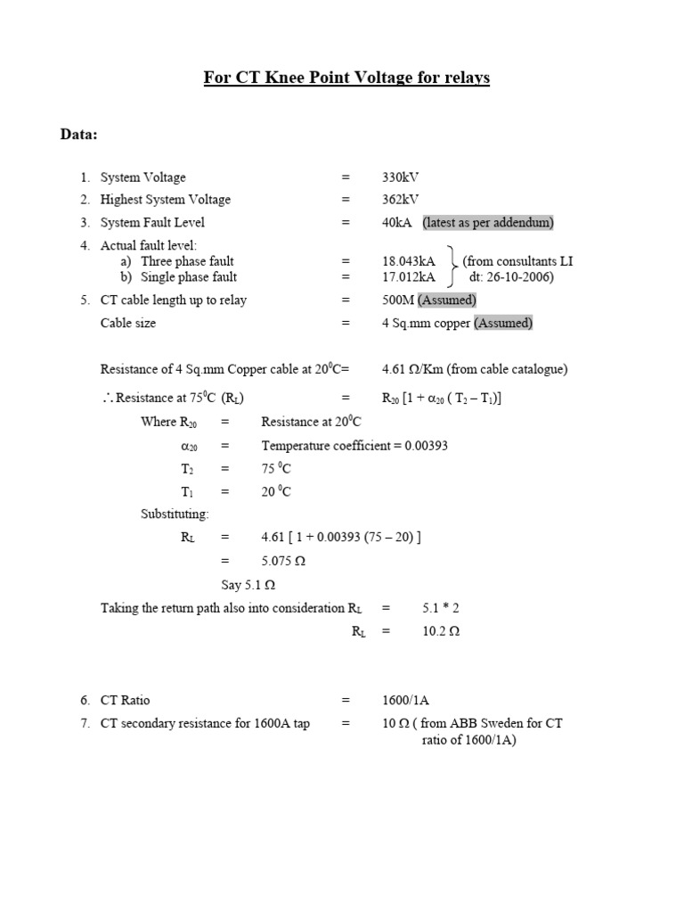 CT Knee Point Voltage Calculations | PDF | Electrical Resistance And ...