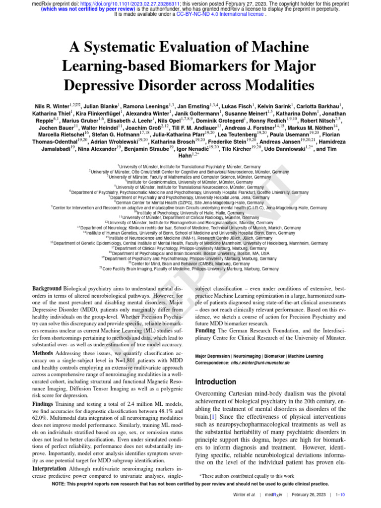 A Systematic Evaluation of Machine Learning-Based Biomarkers For Major ...