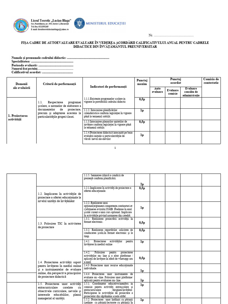 Fisa de Autoevaluare - Calificativ - Cadre Didactice | PDF