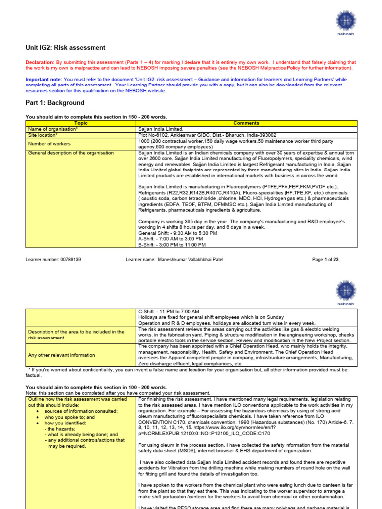 NEBOSH IG2 Risk Assessment Guide | PDF | Noise | Occupational Safety ...