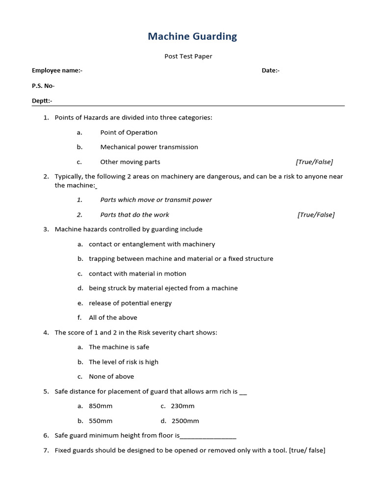 Machine Guarding Safety Test Paper | PDF | Machines | Manufactured Goods