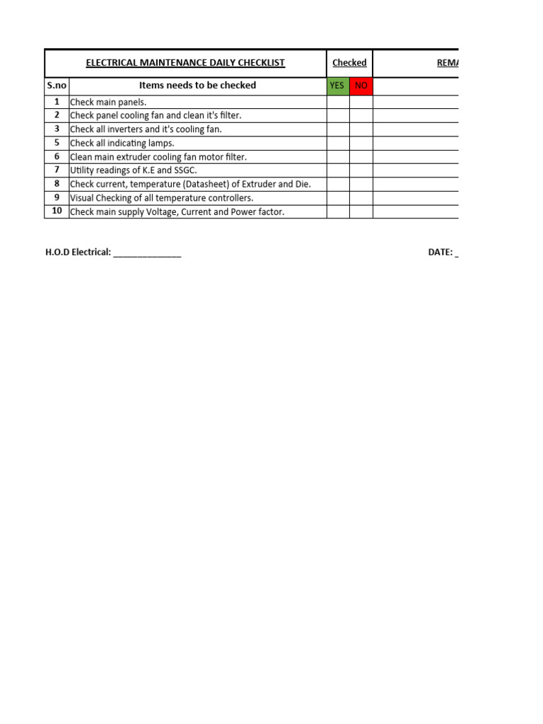 Daily Electrical Maintenance Checklist | PDF | Technology & Engineering
