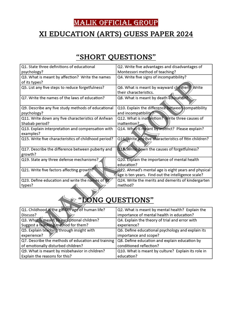 Xi Arts Group - Guess Paper 2024 - Zain'II Group ? | PDF