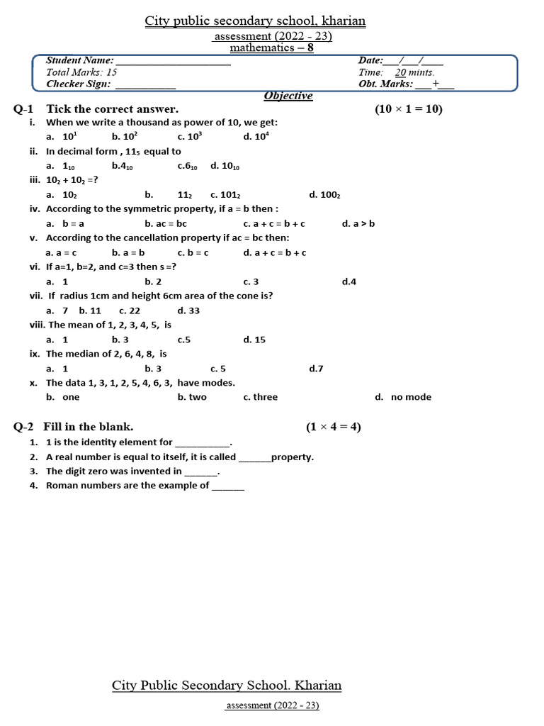 Math class 8 2ndassessment 22 23 pdf numbers elementary mathematics