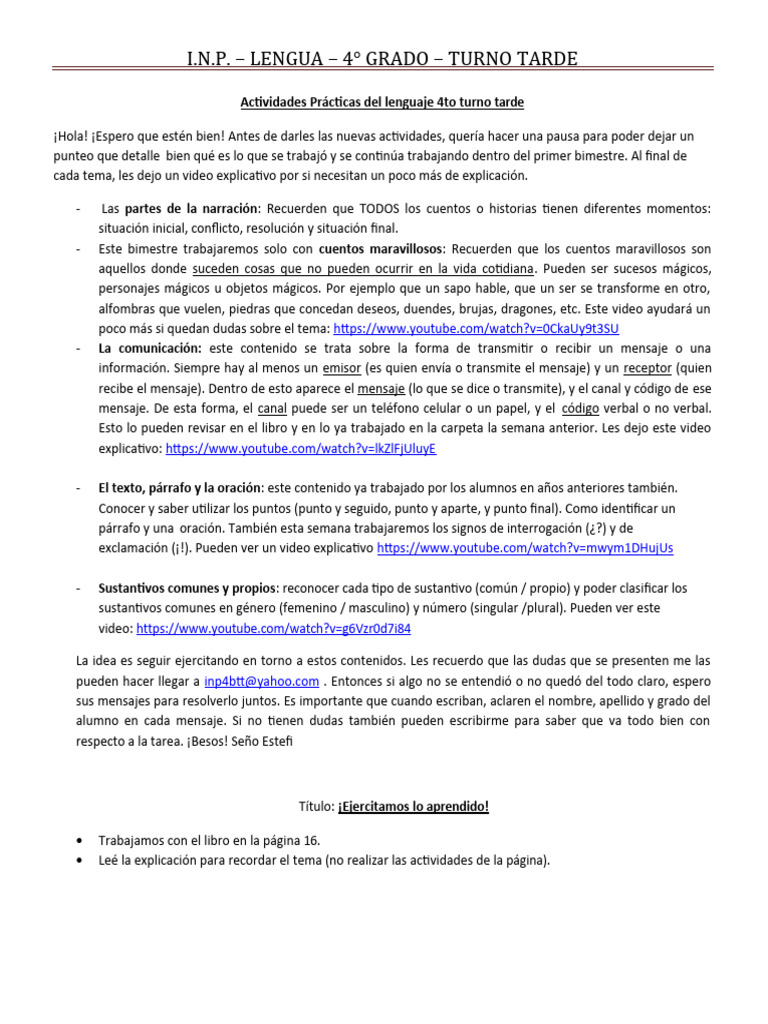 Actividades Lengua 4° TT Semana 5 | PDF | Artes del Lenguaje y ...
