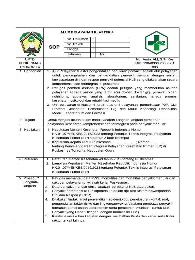 SOP Alur Pelayanan Klaster 4 Puskesmas | PDF