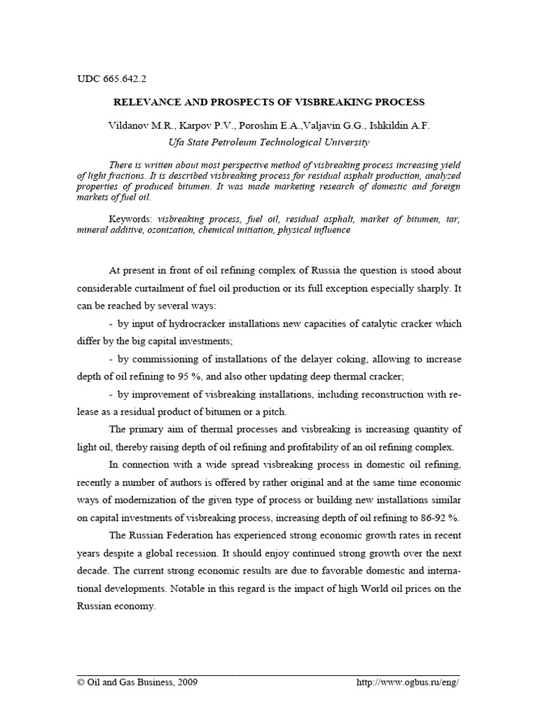 Relevance and Prospects of Visbreaking Process | PDF | Fuel Oil ...