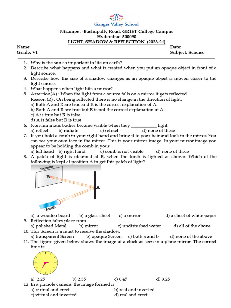 Revision Worksheet Light GR 6 | PDF | Light | Mirror