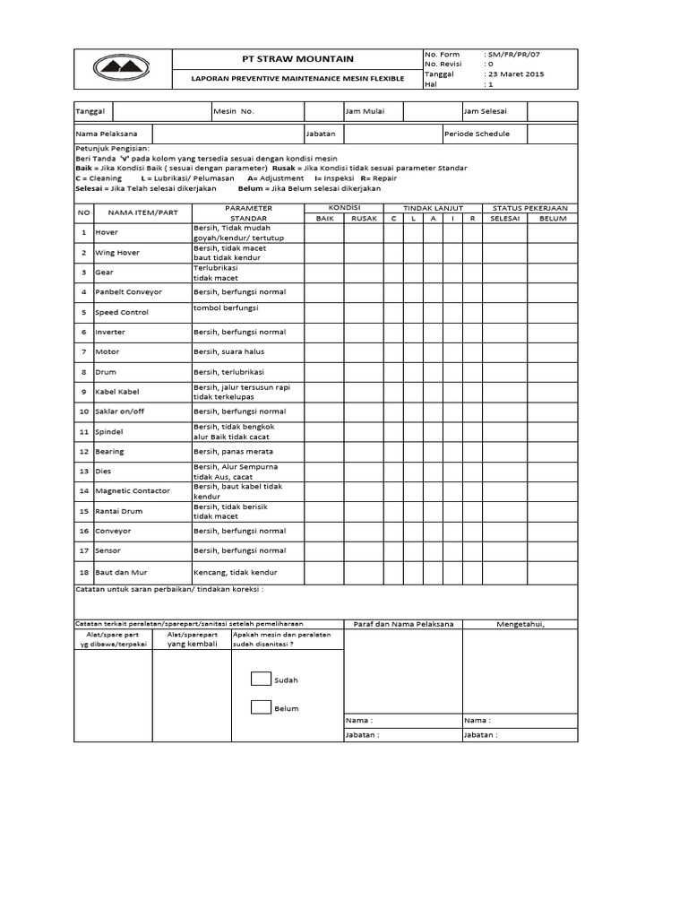 Laporan Preventive Maintenance Mesin | PDF