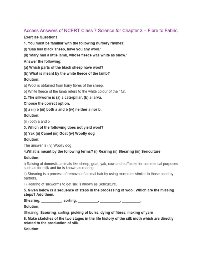 Class 7 Science: Fibre to Fabric Answers | PDF | Silk | Sheep
