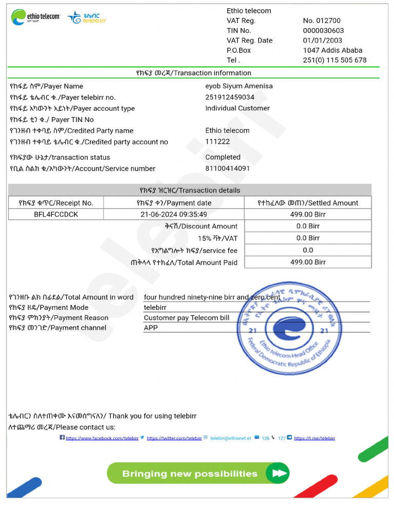 Telebirr - Customer Pay Telecom Bill | PDF
