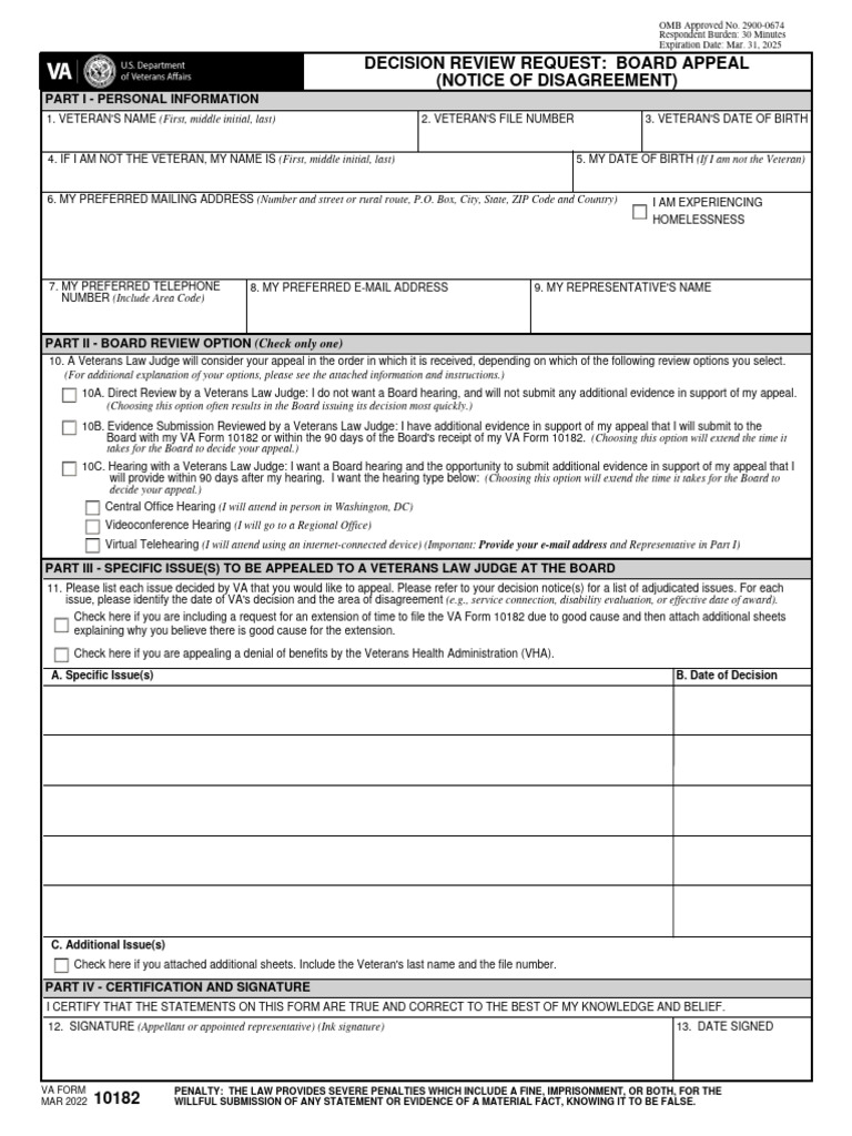 VA Form 10182: Appeal Process Guide | PDF | Office Of Management And ...
