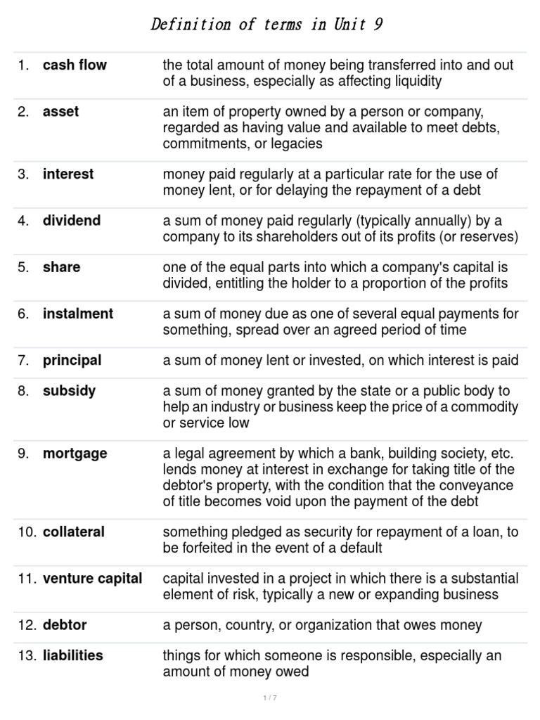 Glossary of Terms Unit 9 | PDF | Debt | Loans