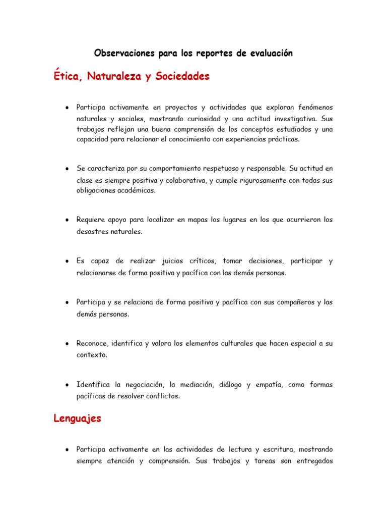 Observaciones para Los Reportes de Evaluación | PDF | Aprendizaje ...