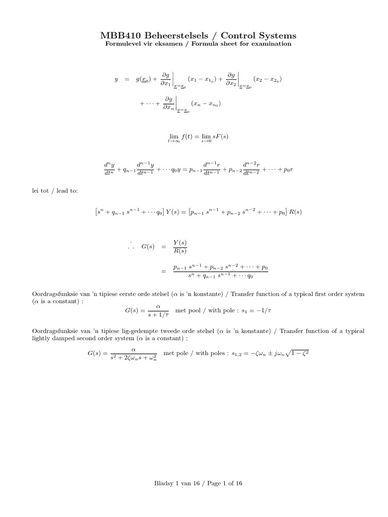 Control Systems Exam Formula Sheet | PDF | Control Theory | Applied ...
