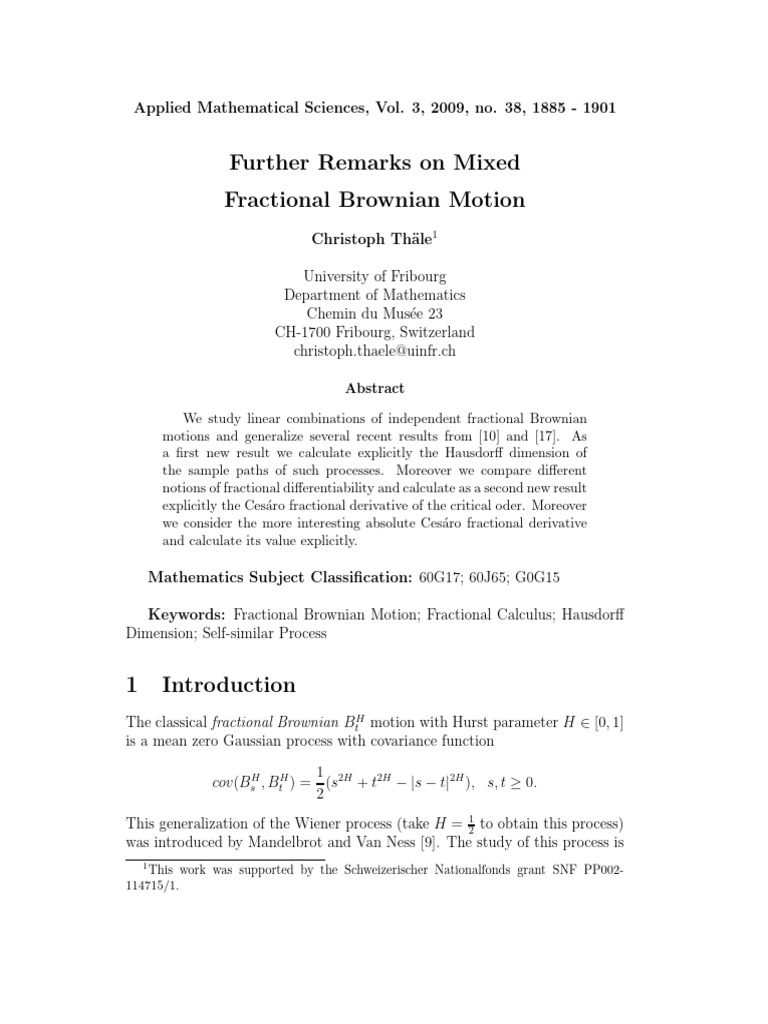 Further Remarks On Mixed Fractional Brownian Motion | PDF | Stochastic ...